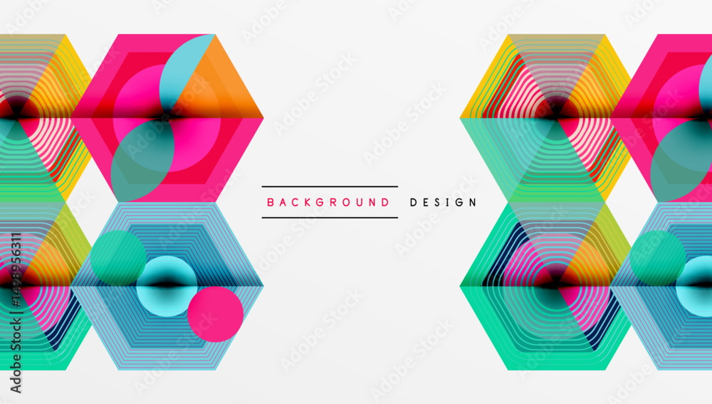 Aufkleber geometric hexagons, vibrant colors, layered lines create modern abstract background. minimalist desi