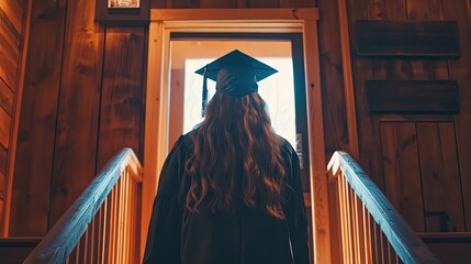 Graduating student entering new chapter through doorway.