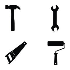 Vector silhouette set of essential hand tools including hammer, wrench, screwdriver, and pliers  ideal for construction, repair, and DIY projects