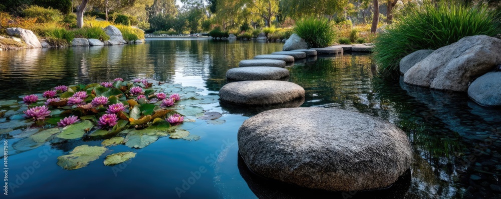 Aufkleber stone lantern in harmony with peaceful lotus pond concept. a serene water feature with stepping ston