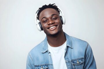 Happy gen z African American guy with headphones holding mobile using cellphone enjoy listening online streaming music on cell phone, standing isolated on light white background