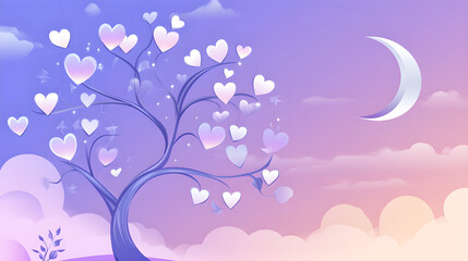 A creative illustration for Silver Valentine's Day, featuring a silver tree with heart-shaped branches against a twilight sky and a silver crescent moon.