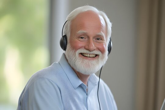 Happy senior man in 60s wearing headphones with microphone starting video call conversation, communicating distantly with friends or family, older people and modern technology concept