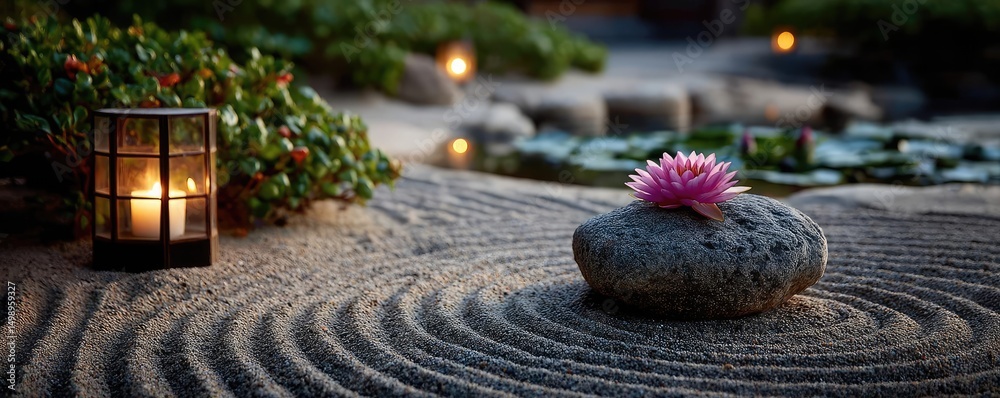 Poster raked sand patterns in tranquility with lantern and lotus concept. a serene scene featuring a pink l