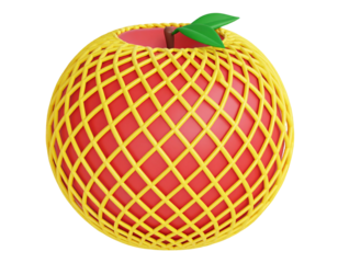 3d rendering of red and yellow peach with net pattern isolated on a transparent background