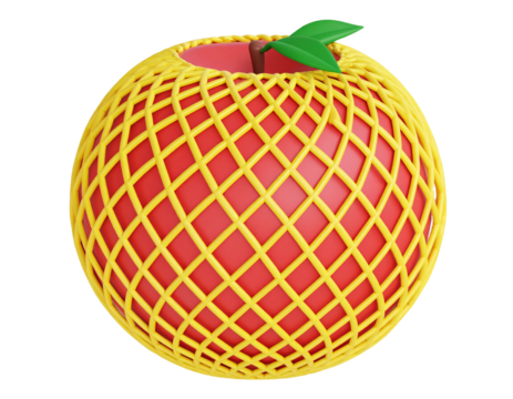 3d rendering of red and yellow peach with net pattern isolated on a transparent background