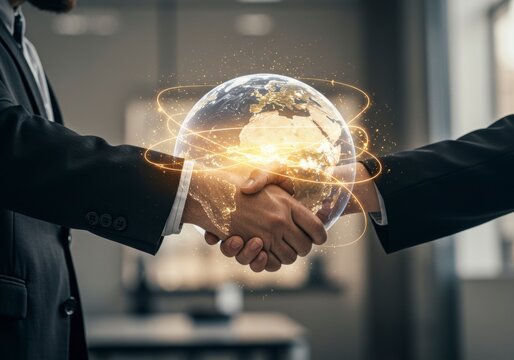 Handshake with Globe Overlay Representing Global Business Agreement