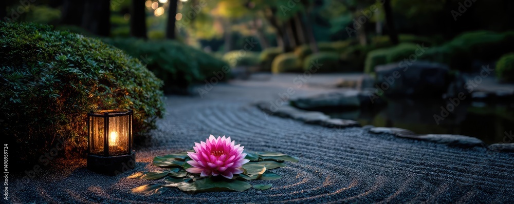 Poster raked sand patterns in tranquility with lantern and lotus concept. a serene garden scene featuring a