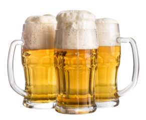 three mugs of beer with frothy heads on white background.