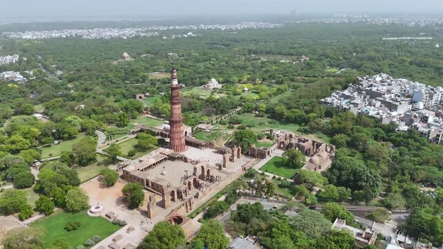 An Aerial Shot of Qutub Minar at Mehrauli, New Delhi, India
