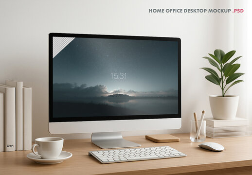 Home office interior desktop screen monitor mockup