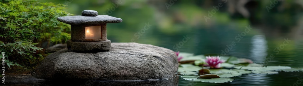 Aufkleber tea pavilion with minimalism and rock by lantern concept. a serene garden scene with a lantern illum