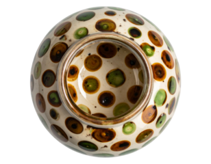 A cute little glass vase with green and brown spots, top view isolated on a transparent background