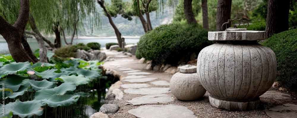 Poster tea pavilion with minimalism and rock by lantern concept. serene garden path with stone pots and lus