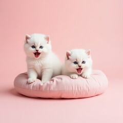 Two Fluffy White Kittens with Blue Eyes on a Pink Blanket