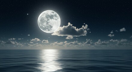 Full Moon Over Ocean at Night