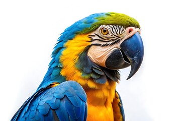 Fototapeta premium Blue and yellow parrot is standing on a white background