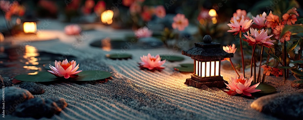 Poster Raked sand patterns in tranquility with lantern and lotus concept. Tranquil garden scene with lotus flowers and lantern at night.