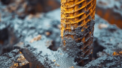 Fototapeta premium Mud-covered rebar in concrete, construction site, close-up