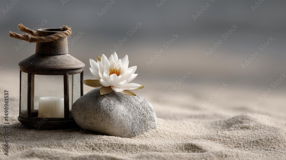 Poster Raked sand patterns in tranquility with lantern and lotus concept. A serene composition of a lantern and lotus on soft sand.