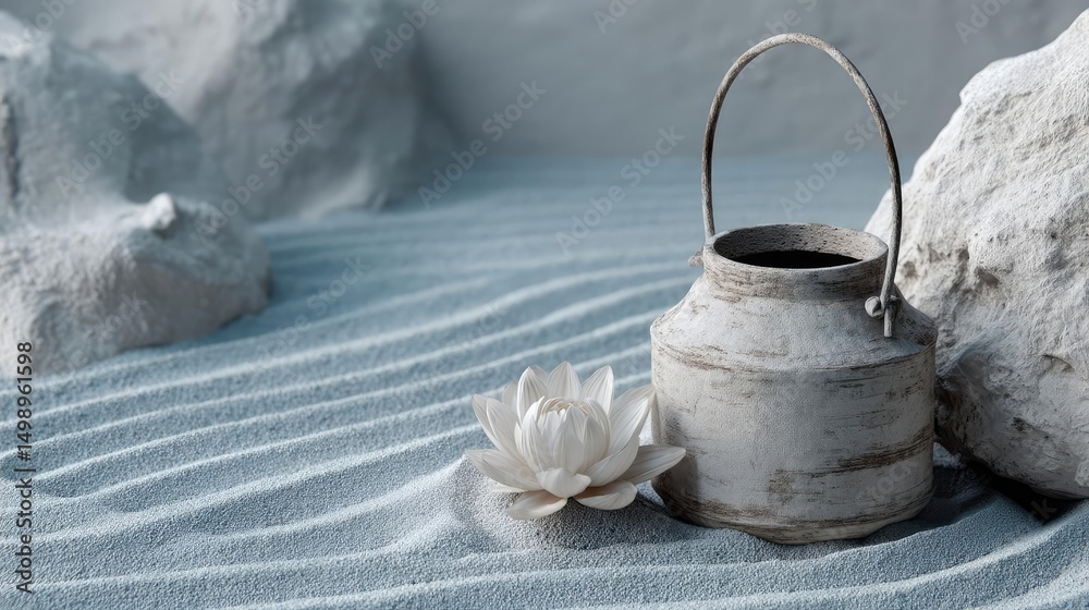 Poster Raked sand patterns in tranquility with lantern and lotus concept. Serene setting with a vintage kettle and lotus in textured sand.