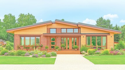 Fototapeta premium Modern wooden brick house exterior architecture. Suburban home and residential building. Property with windows, roof, porch, pathway, lawn, garden, trees, door, and sky. Contemporary realestate