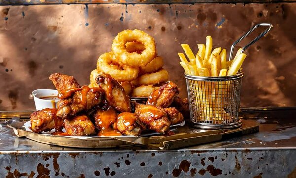A delicious platter featuring crispy chicken wings, onion rings, and golden fries on a rustic table