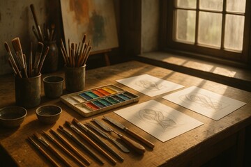 Artist's Workspace: Sunlight Illuminates Sketches and Supplies