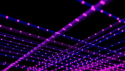Abstract 3D render of glowing pink and purple lines and dots on a dark background