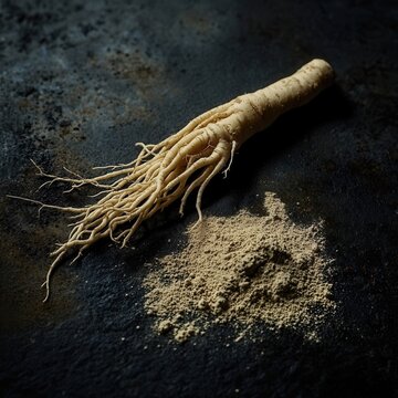 Fresh and Ground Ginseng Root Displayed Against a Dark Background with Texture, Highlighting Its Natural Form and Powdered Variation for Culinary and Medicinal Uses