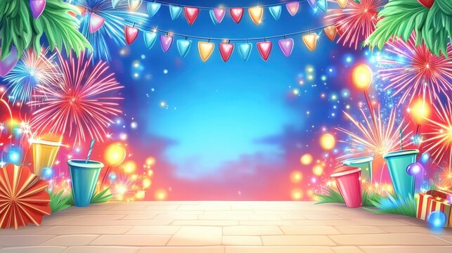 Colorful festive party celebration cartoon illustration. Festive holiday event with fireworks, lights, cheerful atmosphere, and fun. Vibrant background, joyful mood, perfect for invitation or