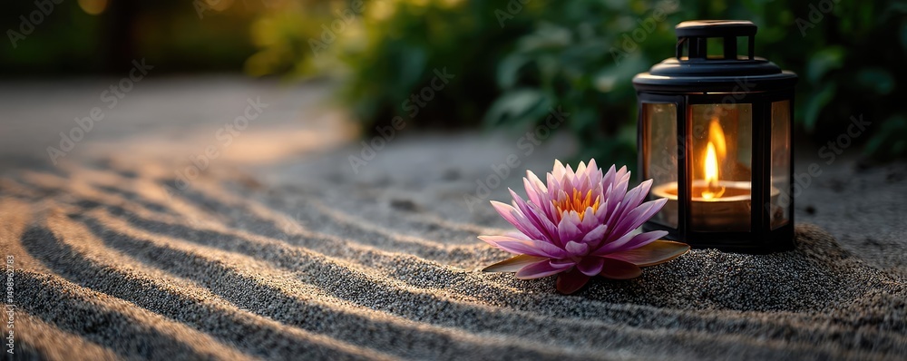 Poster Raked sand patterns in tranquility with lantern and lotus concept. A serene scene with a lantern and a lotus flower in sand.