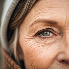Close-up of an elderly woman's eye showing wrinkles and fine lines