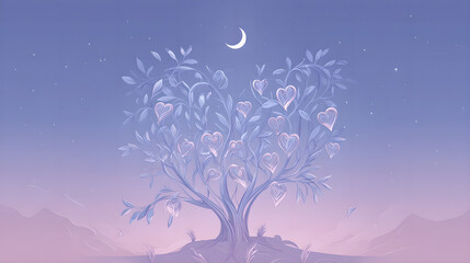 A creative illustration for Silver Valentine's Day, featuring a silver tree with heart-shaped branches against a twilight sky and a silver crescent moon.