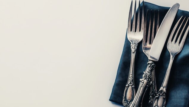 Antique silver cutlery rests on a dark napkin against a white background, showcasing ornate handles and a vintage aesthetic