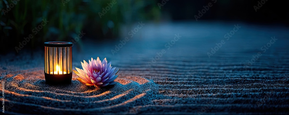 Poster Raked sand patterns in tranquility with lantern and lotus concept. A serene evening scene with a lit lantern and a water lily flower.