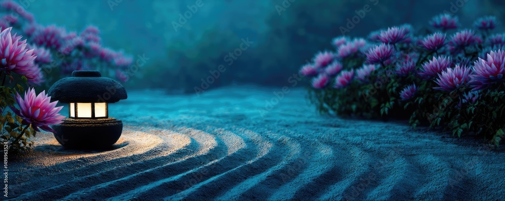 Aufkleber raked sand patterns in tranquility with lantern and lotus concept. a serene garden scene with glowin