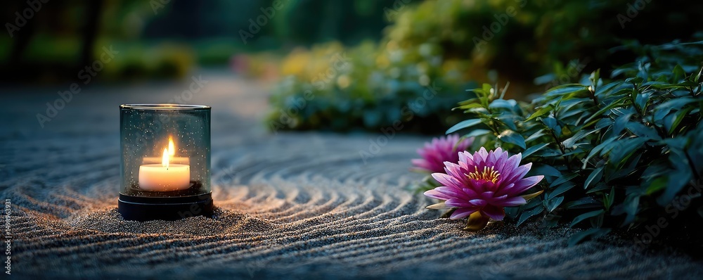 Poster raked sand patterns in tranquility with lantern and lotus concept. tranquil scene with candle and lo
