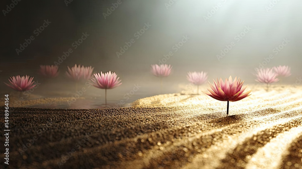 Poster raked sand patterns in tranquility with lantern and lotus concept. serene pink flowers bloom in a tr