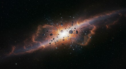 Fototapeta premium Cosmic explosion in nebula. Fragments of celestial bodies