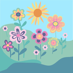Groovy flowers illustration poster, retro modern abstract flat vector style