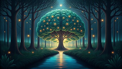Obraz premium Enchanted Forest Luminous Tree of Life in Mystical Night