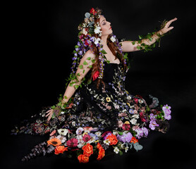 Studio Portraits of Female Model as Celtic Spring Goddess, Floral fairy Fantasy cloak Costume,...