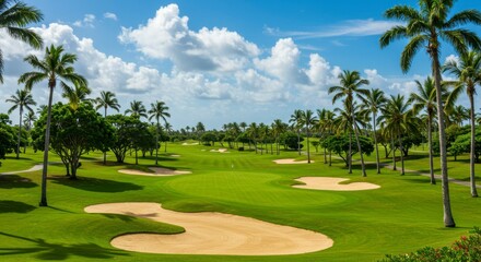 Lush golf course with palm trees under a sunny sky