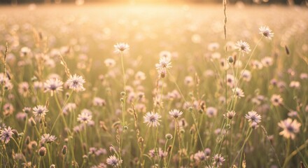 Fototapeta premium Sunlit meadow teeming with delicate wildflowers, bathed in warm, golden light