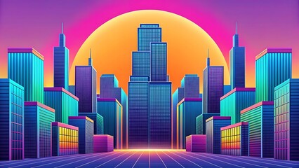 Obraz premium Synthwave Cityscape Retrofuturistic Skyline Illustration