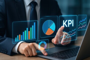 Businessman Analyzing KPI Data on Laptop