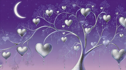 A creative illustration for Silver Valentine's Day, featuring a silver tree with heart-shaped branches against a twilight sky and a silver crescent moon.