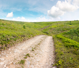 Obraz premium country road through grassy hills. travel destination. scenery in dappled light. scenery of smooth mountain in summer. clouds on the sky. beautiful nature landscape