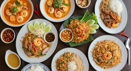 Assortment of Thai Food Dishes with Shrimp, Noodles and Rice